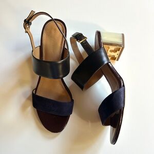 Tory Burch Gigi Sandals US 7.5 Black Brown Navy Leather Heels